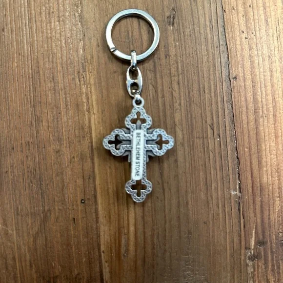 Intricate Silver Cross Keychain with Bethlehem Stone - Picture 3 of 3